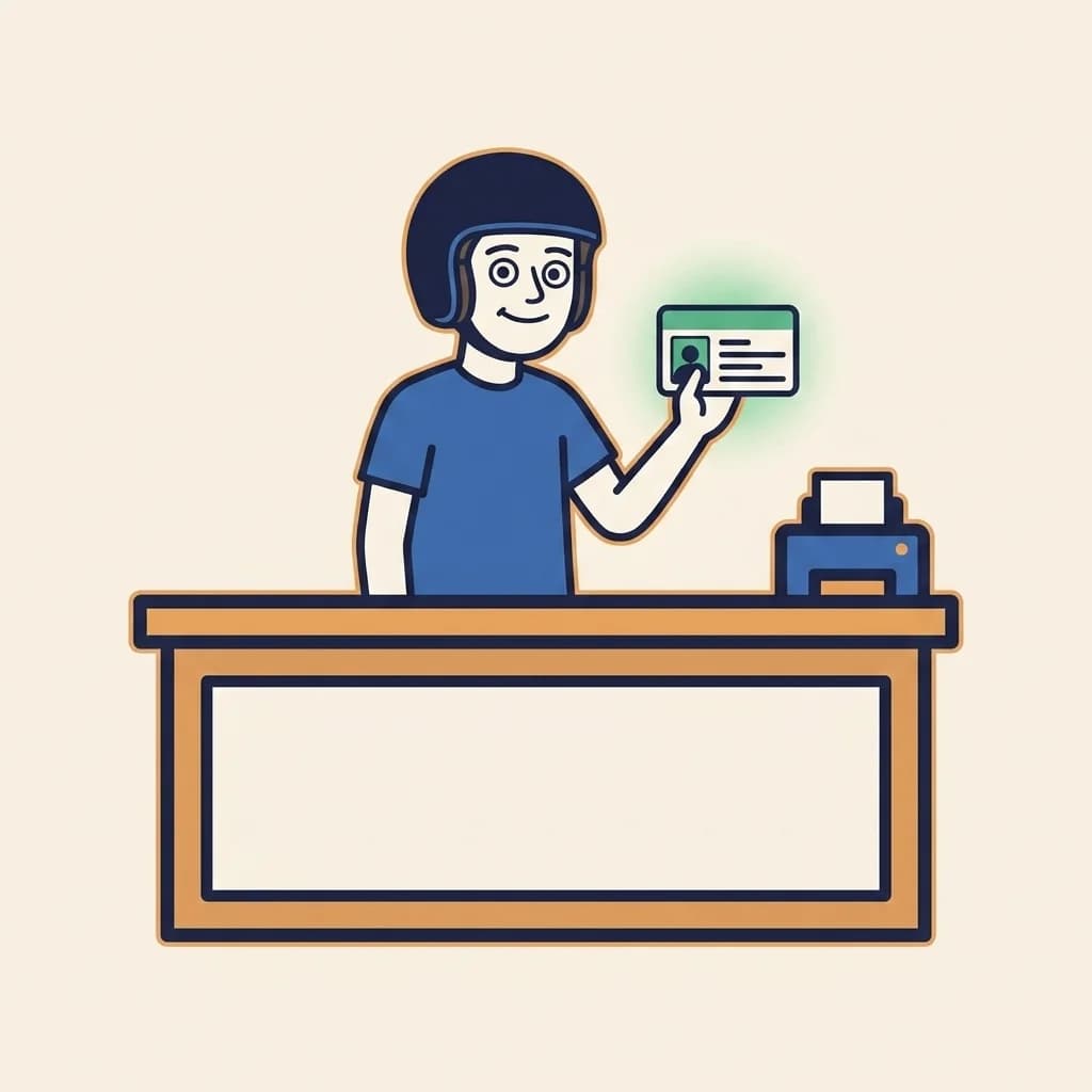 Sticker cluster: a fresh Thai-style driving licence card with a soft success-green halo behind it, a small navy camera-flash icon to the upper-left, and a warm-orange pill badge reading 'WALK OUT' beside the card.