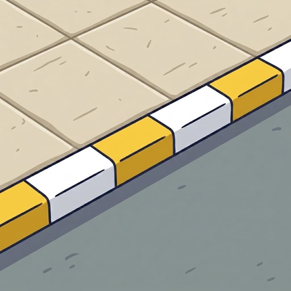 Illustration of a Thai kerb painted with alternating yellow and white blocks along the pavement edge.