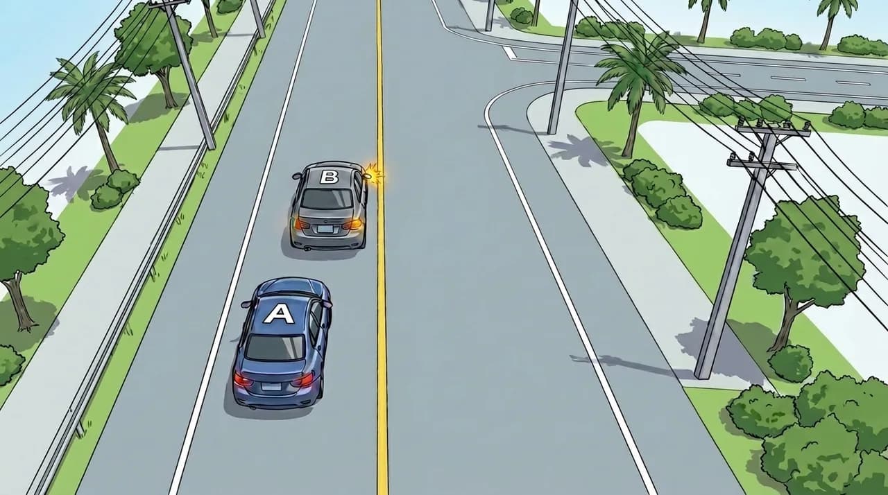 Diagram for a Thai driving-theory question: You are driving on a two-lane road and want to overtake the car ahead. On which occasion are you allowed to pass on the left side.