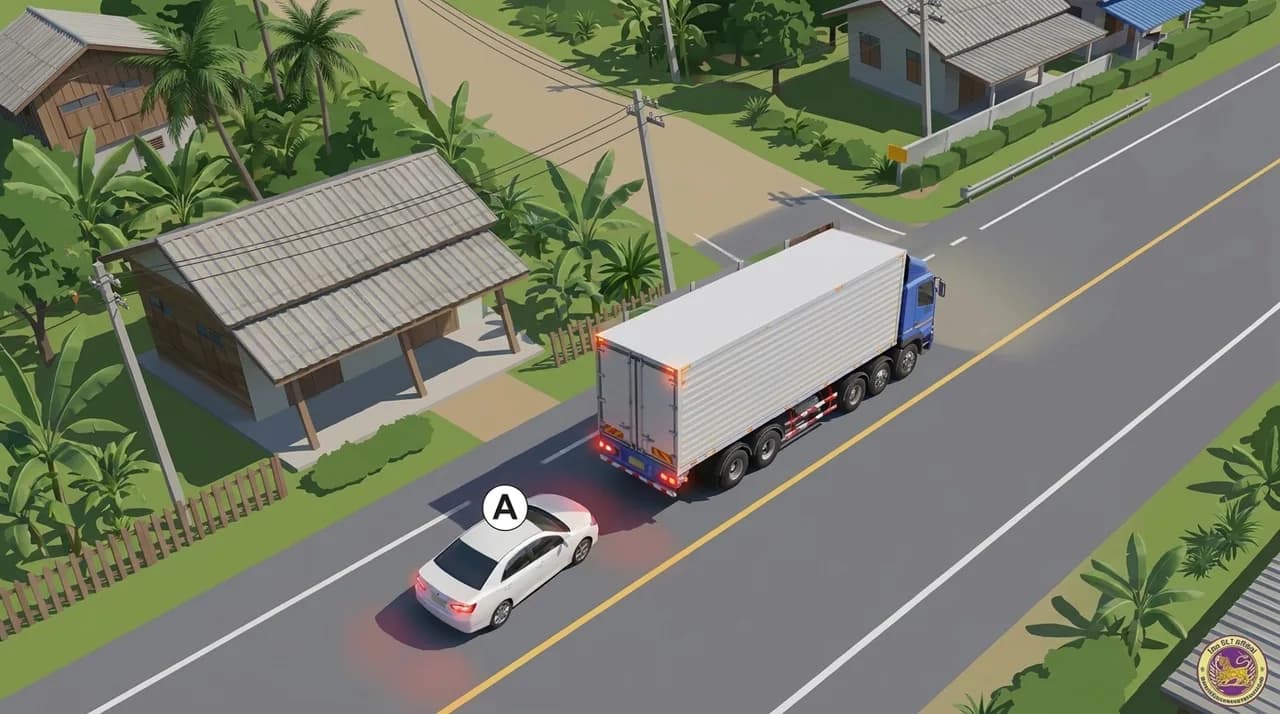 Diagram for a Thai driving-theory question: A truck ahead of you signals left but swings wide to the right as it enters a small roundabout. What should you do.