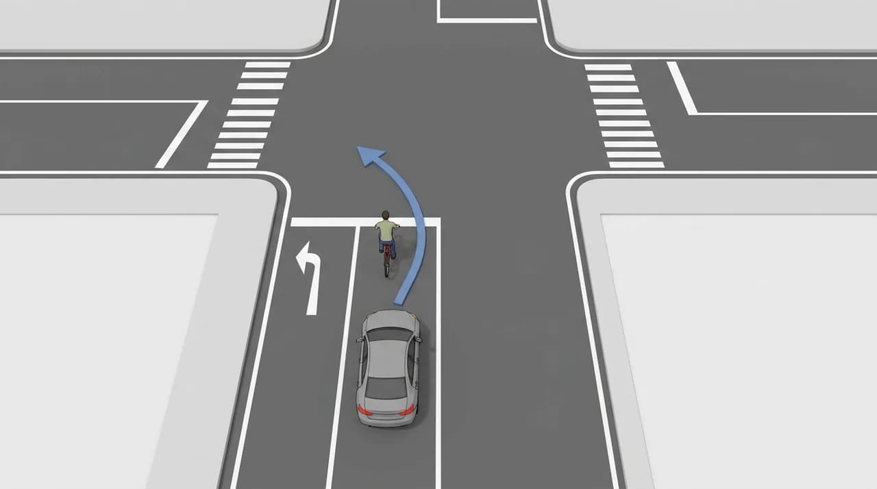 Diagram for a Thai driving-theory question: You are driving on a two-lane road and a cyclist is just ahead of you. You are approaching a left turn. What should you do.