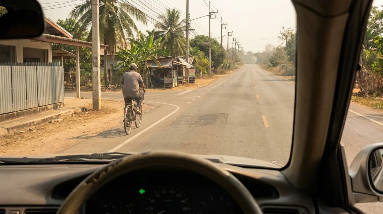Diagram for a Thai driving-theory question: You are driving on a two-lane road and a cyclist is just ahead of you. You are approaching a left turn. What should you do.
