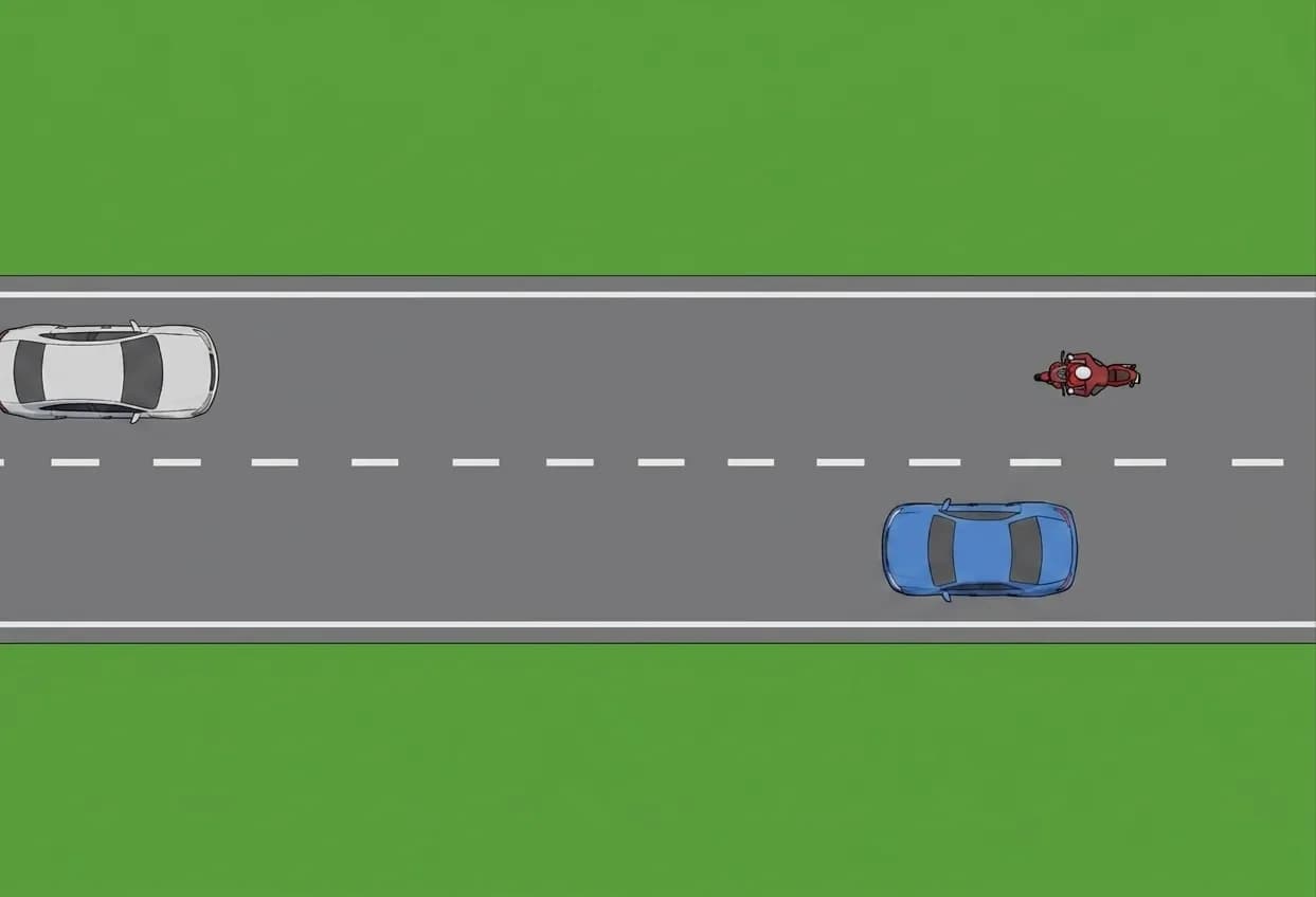 Overhead diagram showing a blue car (A) in the center lane with dashed white line markings, a red motorcycle (B) crossing below it, and a white car approaching in the opposite direction above.