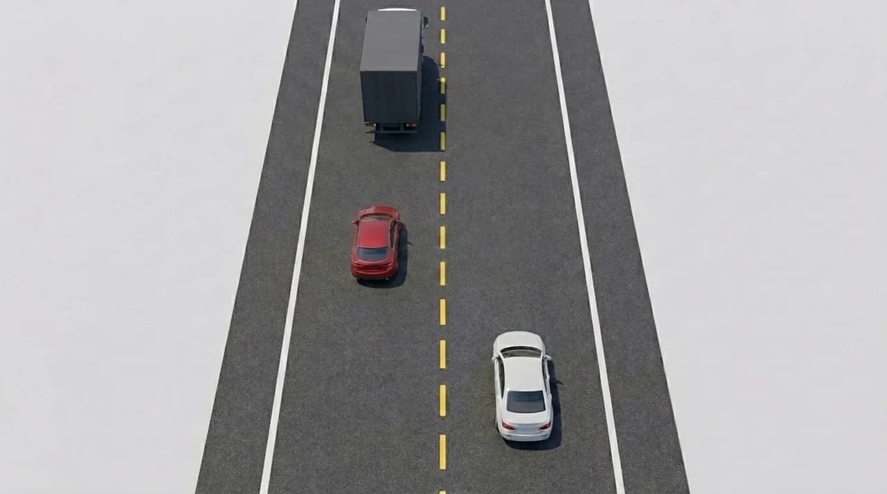 Overhead view of a three-lane road with a white car (C) in the lower lane with forward arrows, a red car (B) in the middle lane with a blue diagonal arrow indicating lane change, and a dark truck (A) in the upper lane. White dashed lane markings separate each lane.